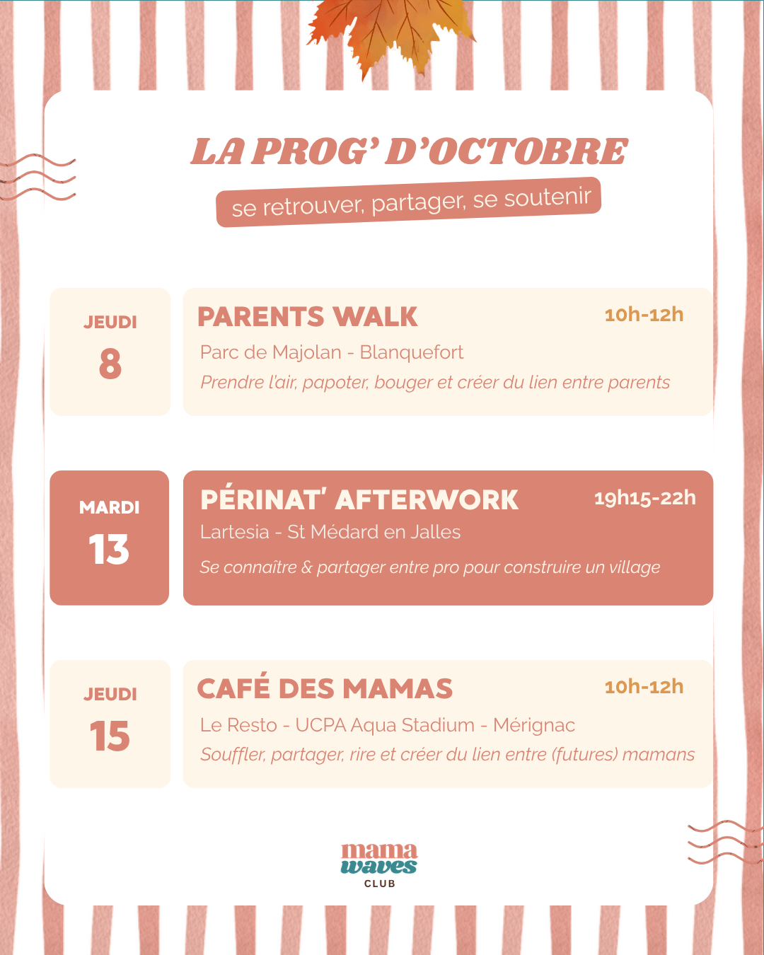 planning rencontres de mamans en octobre 2026 à Bordeaux